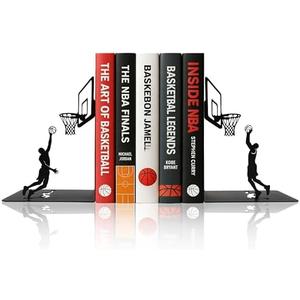 LumDecor Basketball Bookends Decorative Metal Book Ends for Shelves, Matte Black Iron Basketball Player & Hoop Design, Unique Book Holders and Stoppers for Office Decor