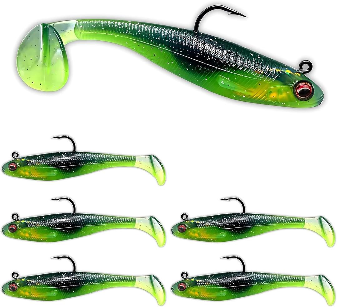 USA Bass Tackle Patriot Shad - Scent Infused Paddle Tail Swimbaits Pre Rigged Fishing Lures Premium Bait Strong Owner Hook, Fishing Gear for Bass Freshwater Predator Fish (1/4oz - 2.8", Chart Electric Blue)