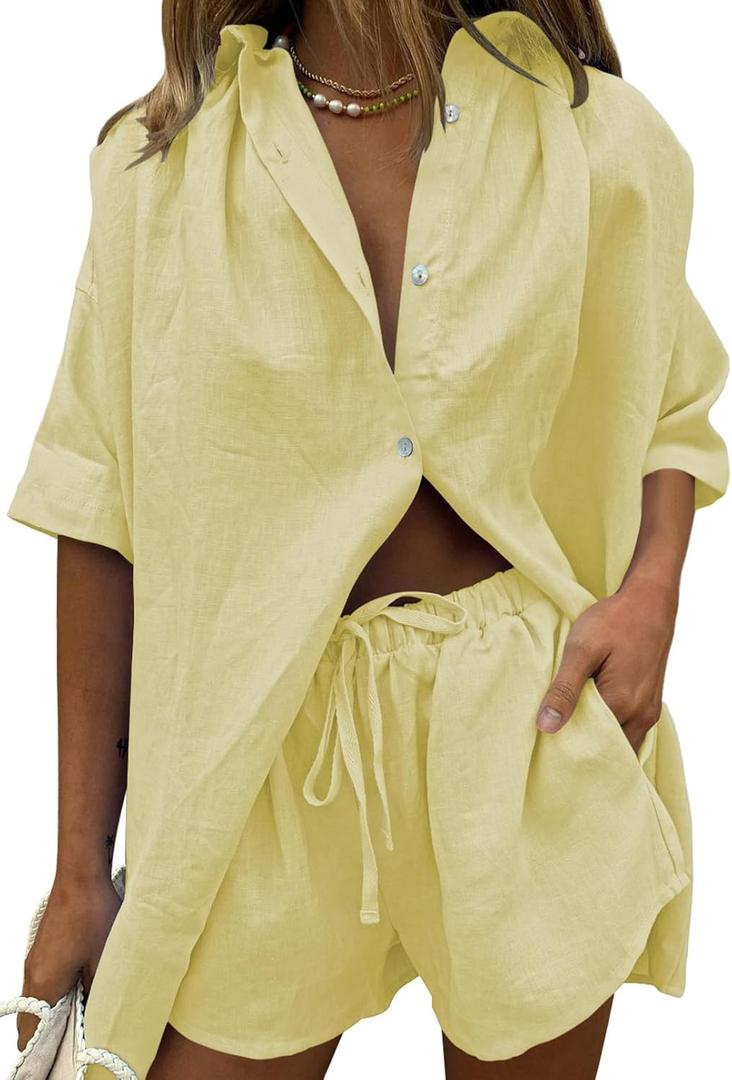 Fixmatti Women 2 Piece Outfits Long Sleeve Button Down Blouse and Shorts Sweatsuit Sets (Large, Z-buds Yellow)