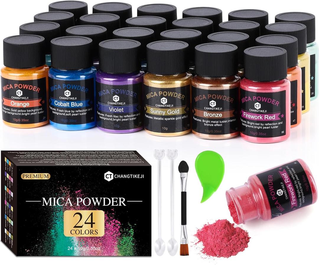 CHANGTIKEJI Mica Powder，24 Colors - 10g/ Bottle of Natural Pigment Powder for Epoxy Resin，Soap Making，Candle Making, Lip Gloss, Car Freshies, Dye, Nail Polish, Bath Bombs