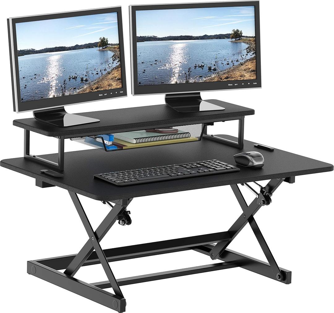 Standing Desk Converter 36-Inch Pneumatic Height Adjustable with Monitor Riser, Black