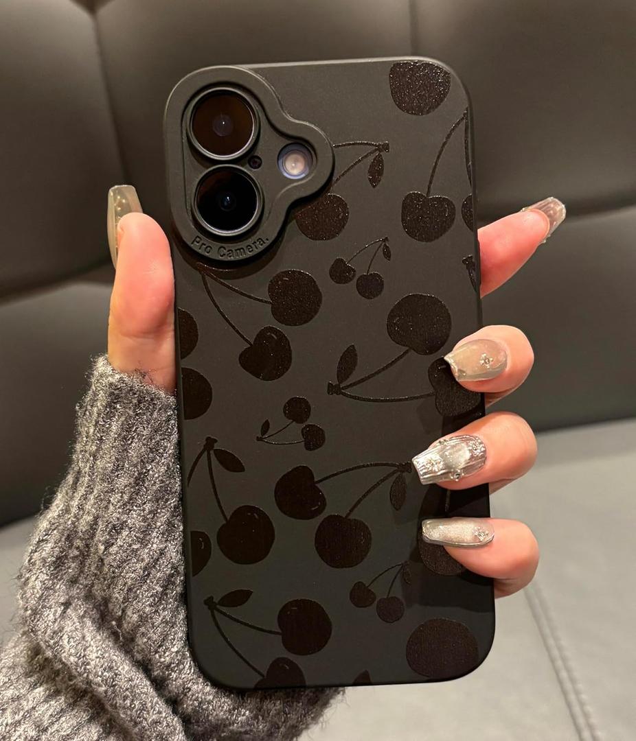 for iPhone 16 Pro Max Case 6.9 Inch 2024, Aesthetic Y2K Cherry Print Phone Case for Women Girls Men, Silicone Protective Phone Cover for iPhone 16 Pro Max, Black Cherry