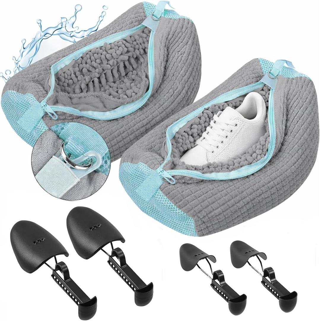 2 Pcs Shoe Washing Machine Bags with 4 Adjustable Shoe Trees, XXL Laundry Bags for Washer and Dryer, Sturdy Zipper with Hook Design, Reusable Cleaning Bag for Sneaker, Tennis (Gray)