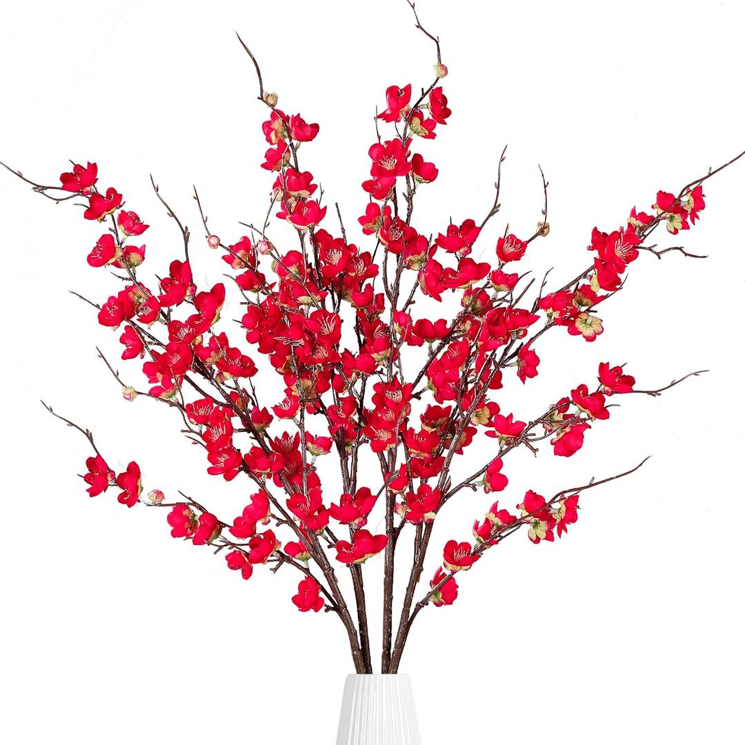Sggvecsy Artificial Plum Blossom Flowers 4 Pcs Faux Cherry Blossom Stems Faux Silk Plum Blossom Branches 36.2 Fake Flowers Long Stems for Vase Arrangements Home Wedding Table Decor (Red)