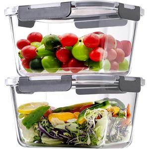 Hontent 2 Pack Large Glass Storage Containers with Lids 85oz/10.5cup Big Airtight Glass Food Storage Containers for Rotisserie Chicken Watermelon Meal Prep, BPA Free, Freezer Dishwasher Oven Safe, Gray