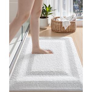 DEXI Bath Mats for Bathroom 20x32, Non Slip Washable Bathroom Rug, Thick Soft Chenille Absorbent Bathmat for Shower Floor, Fluffy Shaggy Carpet for Tub, White (1'8" x 2'8" (Rectangular))