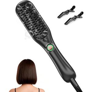 LANDOT Mini Hair Straightener Brush - Ionic Heated Straightening Brush for Frizz-Free & Smooth Styling, Compact Lightweight Dual Voltage Travel Flat Iron Comb for Medium Short Hair, Black