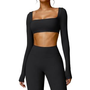 YEOREO Kyla Women Crop Top Long Sleeve Padded Sports Low Medium Impact Yoga Shirt Workout (Large, Black)