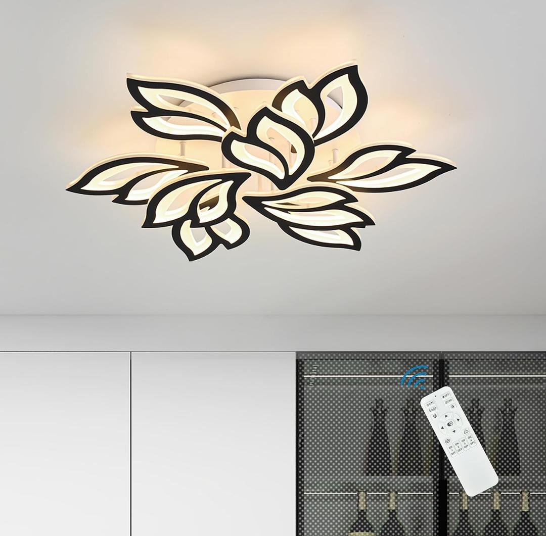 Garwarm LED Ceiling Light, Dimmable Modern Flower Shape Flush Mount Ceiling Lamp, 75W Acrylic Petals Ceiling Chandelier Lighting with Remote Control for Living Room Bedroom Dining Room (Black)