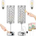 2PCS USB Crystal Table Lamp, Touch Gold Table Lamp,USB A+C Charging Ports&Multiple Outlet,3 Way Dimmable Bedside Lamps(Bulbs Included 2pcs) (Dashing Silver, 2)