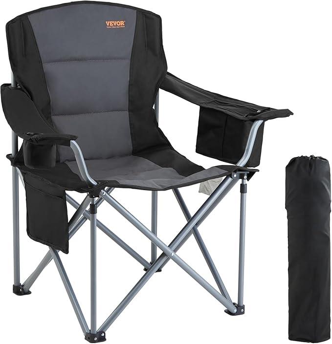 VEVOR Oversized Camping Folding Chair, 450 LBS Heavy Duty Outdoor Quad Lumbar Back Padded with Side Pockets, Cup Holder and Cooler Bag for Beach, Picnic, Fishing, Black