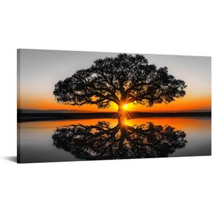 iKNOW FOTO Black and White Oak Tree Canvas Wall Art - 20x40'' Natural Landscape Sunset Reflections, Gallery Wrapped Tree Painting for Living Room Home Decor, Ready to Hang Wall Dcor