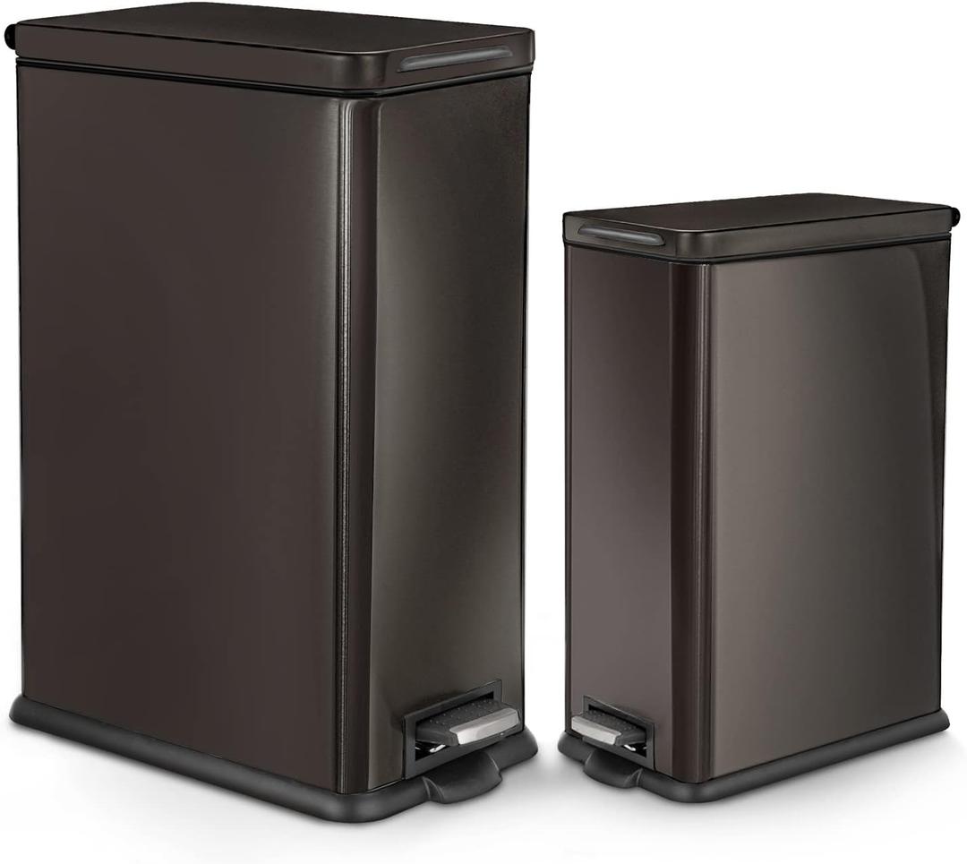 Home Zone Living 8 Gallon and 3 Gallon Slim Black Stainless Steel Trash Can Combo Set with Soft-Close Lid and Bag Tuck Design