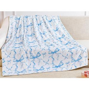 Buryeah Blue Bow Throw Blanket Valentine's Day Galentines Day Gifts Preppy Blanket Coquette 50 X60 Flannel Soft Cute Bow Lightweight Aesthetic Room Decor for Women Friends for Sofa Couch Travel Bed