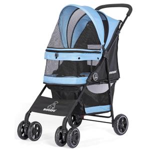 ROODO 4 Wheel Dog Cat Pet Stroller Best Lightweight Foldable Compact Portable Jogger All Terrain Travel Pet Gear Puppy Doggie Bunny Kitty Stroller for up to 30lbs Medium Small Dogs Cats(Sky Blue)