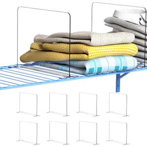 8 Pack Wire Closet Shelf Organizer - Easy Clip-No Tool - 8.5" Tall Acrylic Closet Shelf Dividers for Wire Shelves for Shirt Handbag Sweatshirt Storage for Office/Pantry/Garage Separator,Clear