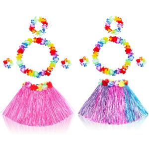 Fortuning's JDS 3 Sets Girl's Elastic Hawaiian Hula Dance Grass Skirt with Flower Costume Set for Luau Tropical Beach Party (Pink Purple Blue + Pink)