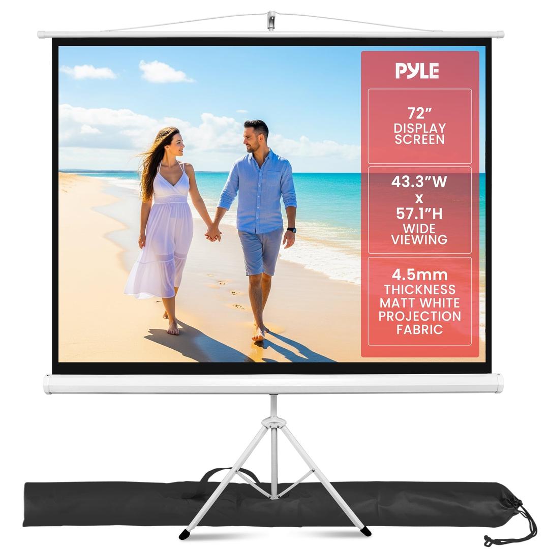 Pyle 72 Inch Outdoor Projector Screen with Stand-Portable Fold Out Roll Up Screen with Tripod Stand,White Matte Fabric 4:3 Aspect Ratio 4K HD Quality Black Masking Border,Ideal for Home and Office Use