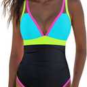 popvil Women's One Piece 2025 Tummy Control Swimsuits Neon Color Block Swimwear Deep V Neck Slimming Bathing Suit Large