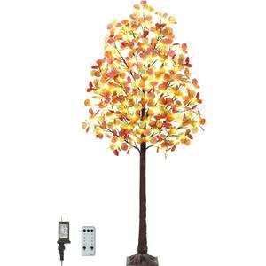 Fall Lighted Eucalyptus Tree - 6FT Light Up Eucalyptus Fall Tree with 130 LED Lights, 390 Leaves, Thanksgiving Decor Artificial Tree with Remote 8 Flashing Modes, Timing, for Home Harvest Decoration