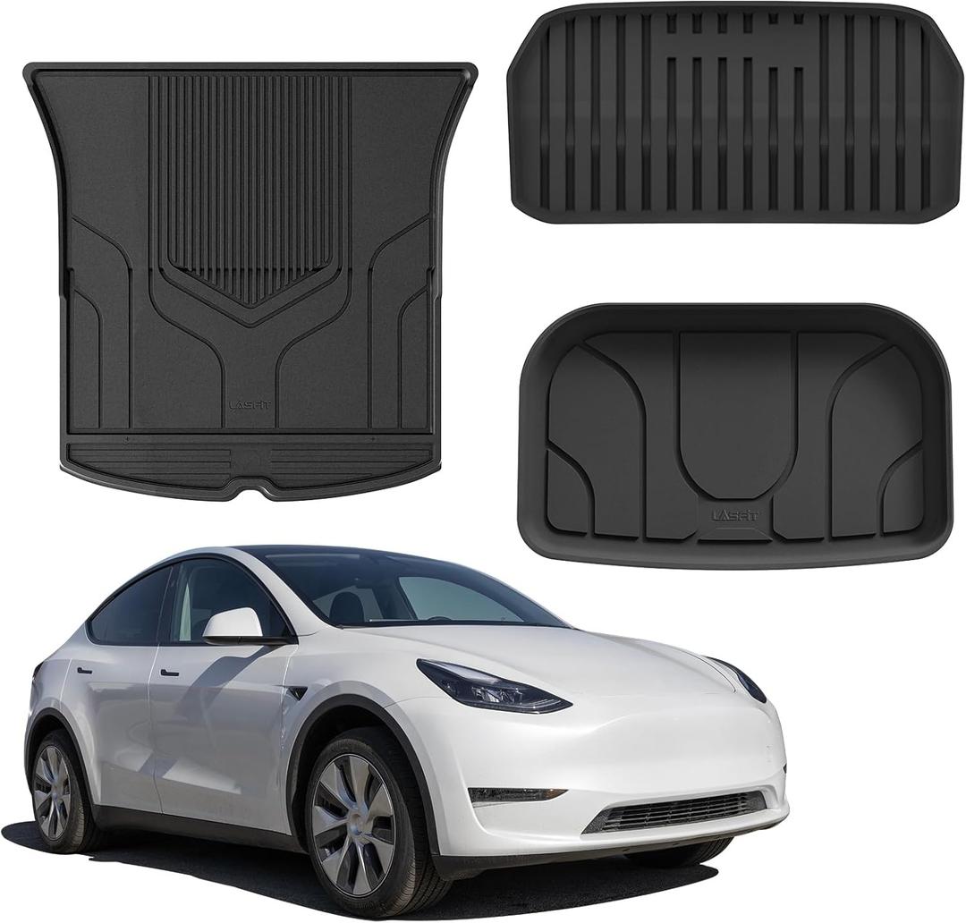 LASFIT Premium Extra Thick Trunk Mats Set for Model Y 2025 2024 2025 2023 2022 2021 2020 5 Seater TPE All Weather Custom Fit Cargo Liners Frunk Rear Trunk Storage Mats, Black