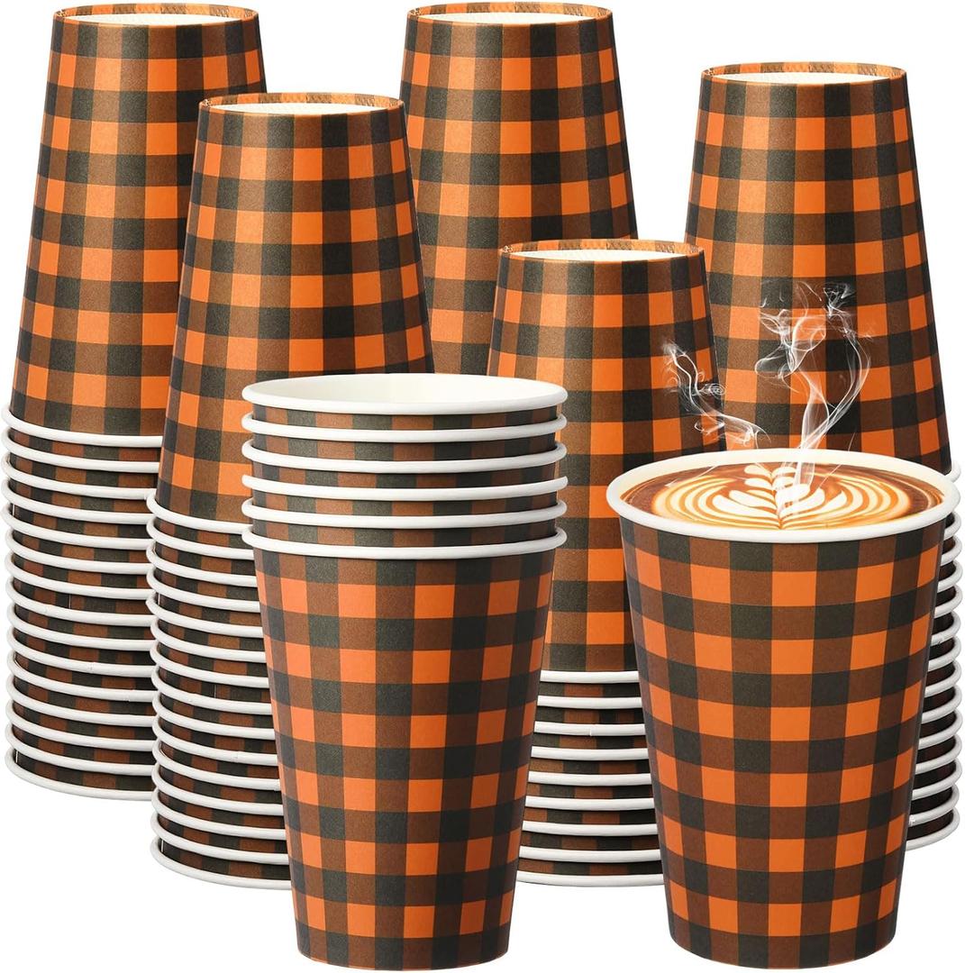 36 Pcs 12 oz Fall Plaid Paper Cups Thanksgiving Checkered Party Cup Fall Autumn Party Drinkware Disposable Drinking Glass for Harvest Snack Hot Cold Drinks Coffee Tea Supplies Decoration