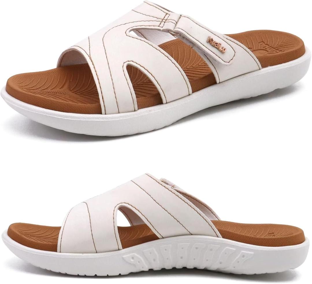 KuaiLu Womens Fashion Orthotic Slides Ladies Lightweight Athletic Yoga Mat Sandals Slip On Thick Cushion Slippers Sandals With Comfortable Plantar Fasciitis Arch Support (7, White Khaki)