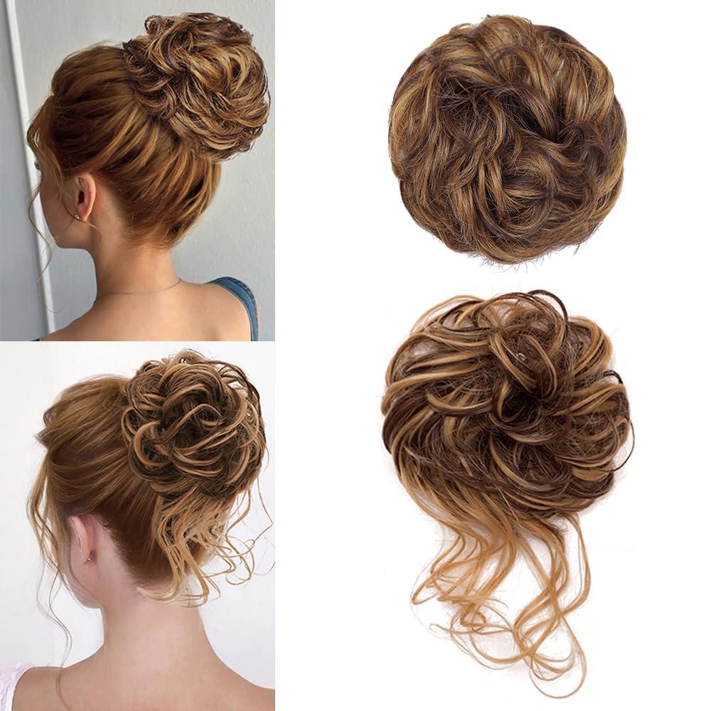 KETHBE Messy Bun Hair Piece Tousled Updo Hair Buns Extension Elastic Hair Band Hair Pieces Curly Hair Bun Scrunchie For Women (2PCS,Dark Brown Mix Golden Brown)