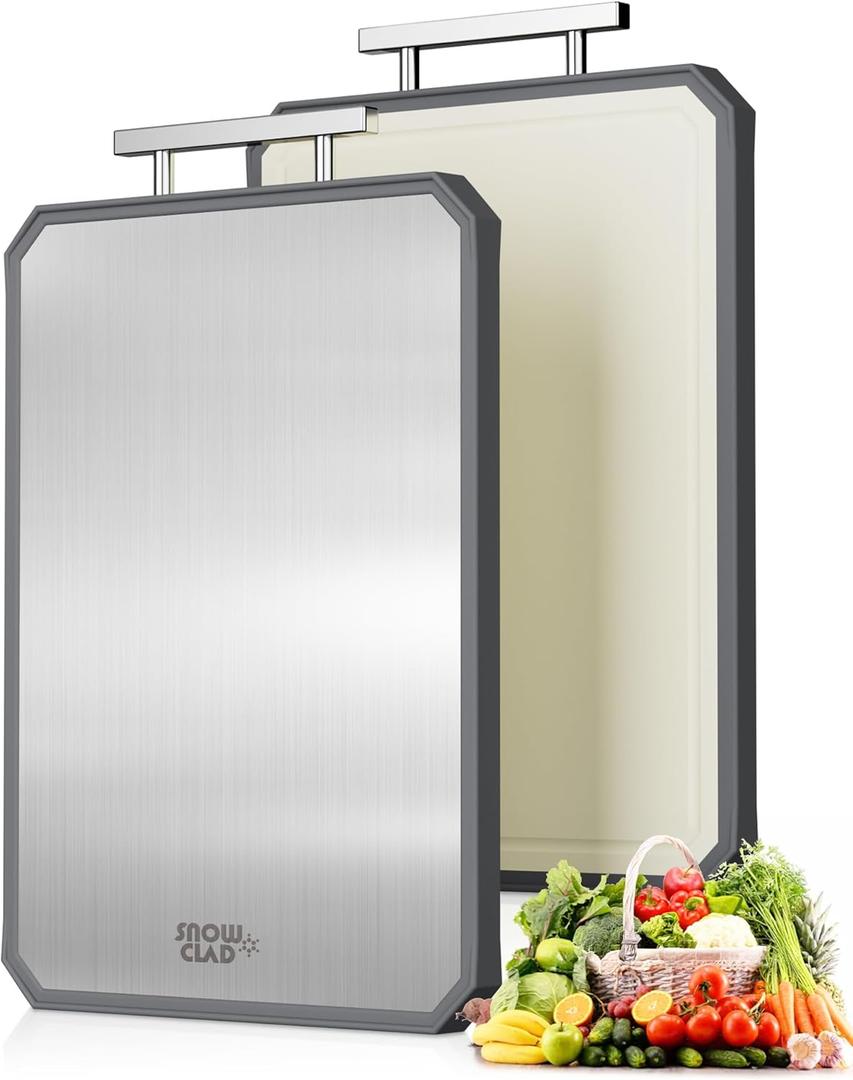 SNOWCLAD Stainless Steel Cutting Board, Double Sided Steel Bread Boards for kitchen, Stainless Steel/Wheat straw pp Large Board for meat, non toxic Chopping,16 * 11 Inch, Dishwasher Safe