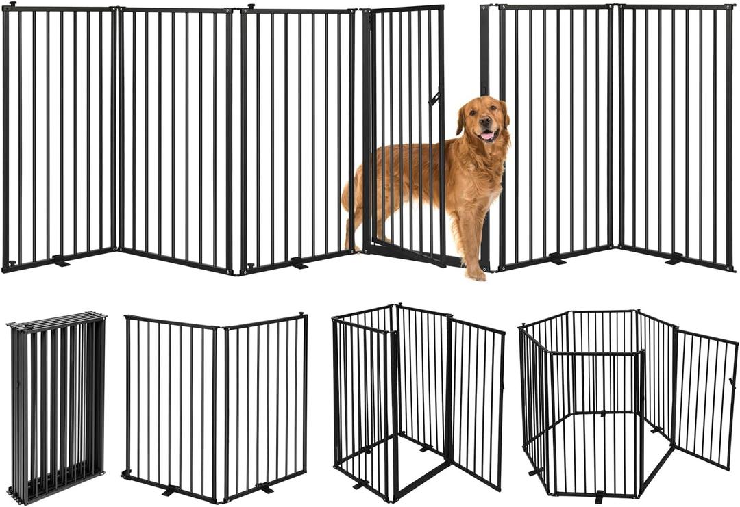6 Panels Metal Freestanding Dog Gates with Door,120''W Detachable Foldable Dog Fence Indoor Outdoor Puppy Gate, 32''H Free Standing Tall Pet Gate for Doorways,House,Stairs,Porch,Deck,Yard