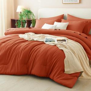 CozyLux King Comforter Set Burnt Orange, 7 Pieces Bed in a Bag Terracotta Comforter Set with Sheets, All Season Boho 7PC Bed Sets with Comforter, Fitted Sheet, Flat Sheet, Pillow Shams and Pillowcases