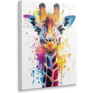 Framed Cute Abstract Giraffe Canvas Wall Art, Funny Neutral Colorful Animal Graffiti Paintings Artwork, for Kids Living Room Bathroom Decor Ready to Hang (16"x24")