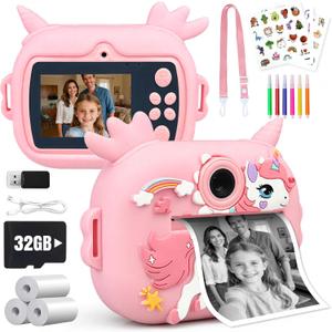 Kids Camera Instant Print, 1080P Kids Instant Cameras with Photo Printing and Fun Learning, Christmas Stuffers Birthday Gifts for Girls Age 3-12, Portable Toy for 3 4 5 6 7 8 9 10 Girls Boys, Pink