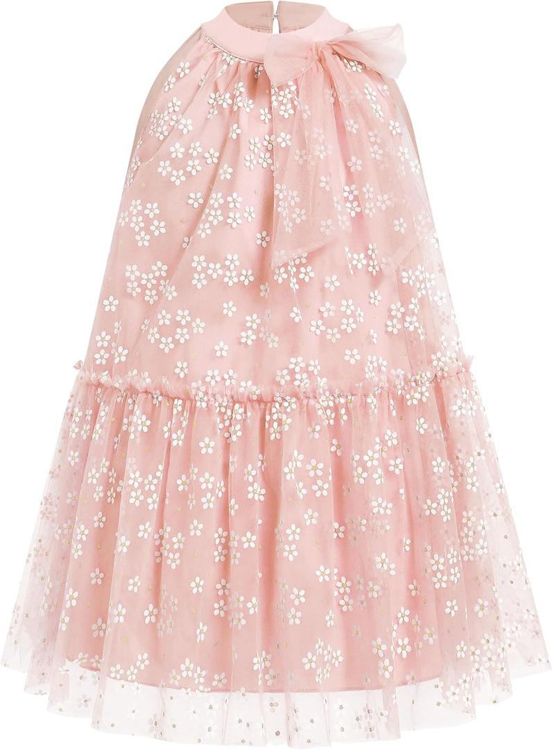 OBEEII Girls Halter Floral Print Tulle Dress Summer Daisy Print Tiered A-line Dress Casual Birthday Bowknot Ruffle Sundress (3-4T, Pink)