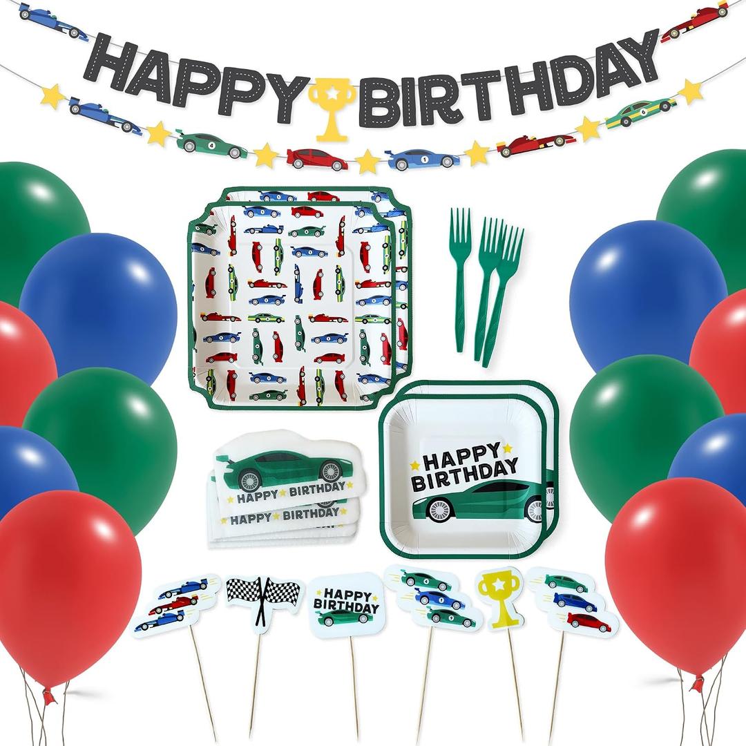 Race Car Birthday Decorations - 68 Pc Complete Party Kit Serves 12 - Banner, Garland, Balloons, Toppers, Square Plates & Car Napkins - Green Boys Car Party