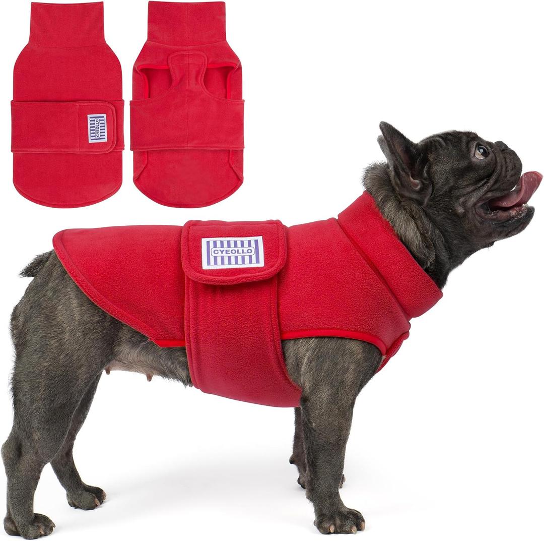 cyeollo Dog Fleece Sweater Turtleneck Coat with Adjustable Strap, Red M