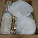 BESTVIP 600PCS Gold Dinnerware Set for 100 Guests, Plastic Plates for Party, 100 Gold Disposable Plates, 100 Dessert Plates, 100 Cups, 100 Spoons, 100 Forks and 100 Knives