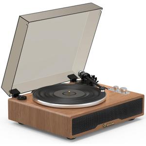 Bluetooth Vinyl Record Player with Built-in Speakers, Wohome Belt-Driven Hi-Fi Vintage Turntable with Magnetic Cartridge, RCA Line Out AUX in Headphone Jack, Auto Off (Walnut)