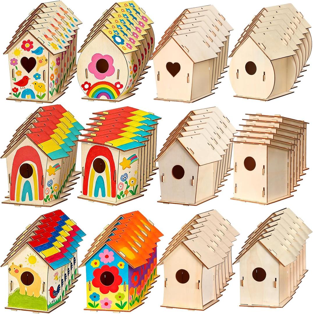 Amyhill 48 Pack Wooden Bird Houses Set for DIY Crafts Bulk Spring Unfinished DIY Wood Birdhouses to Paint Build Art Painting Bird House Hanging Spring Ornaments for Tree Crafts Party Gifts
