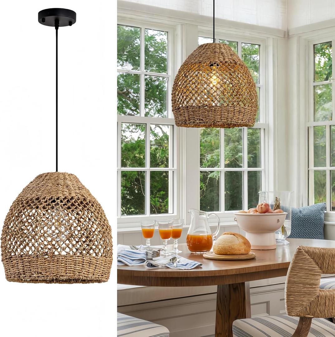Boho Rattan Pendant Lights 13.8IN Farmhouse Dining Room Light Fixtures Hand-Woven Seagrass Chandelier Coastal Wicker Hanging Lighting for Kitchen Island Entry Living Room Bedroom Foyer Restaurant