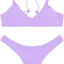 SherryDC Women's Solid Scoop Neck Push Up Padded Brazilian Thong Bikini Swimsuit Bathing Suit (Purple, M)