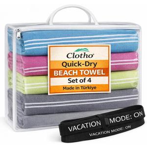 Clotho Turkish Beach Towel Set of 4 100% Turkish Cotton, Oversized & Quick Dry Sand Free Lightweight Travel & Pool Towels with Chair Bands Giftable Clear Carry Case Made in Trkiye