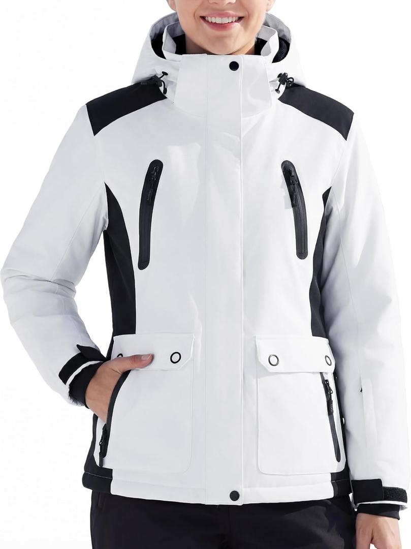 FREE SOLDIER Women's Waterproof Ski Snow Jacket Warm Fleece Lined Winter Rain Jacket with Hood Fully Taped Seams (XX-Large, White Black)