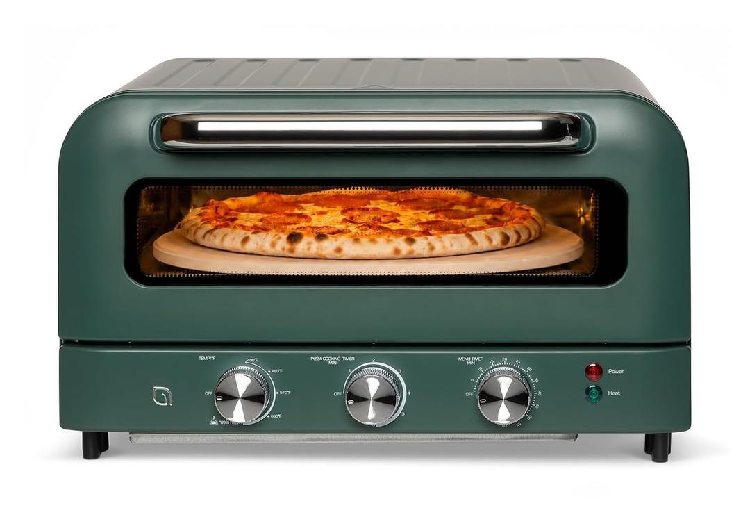 WILLOW Eco Series Electric Indoor Pizza Oven 1800W, 5 Presets, Heats up to 750F, Countertop Pizza Maker with 12" Ceramic Stone for Pizzeria-Style Crust, Scraper and Cutter Included - GREEN