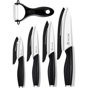 Ceramic Knife Set for Kitchen with Sheath: 100% Zirconia Pure Ceramic Sharp Blade Fruit Cutting Knives 9Pcs with Cover Rustproof Clean Cut Edge Black Handle, No Scratches on Titanium Cutting Boards