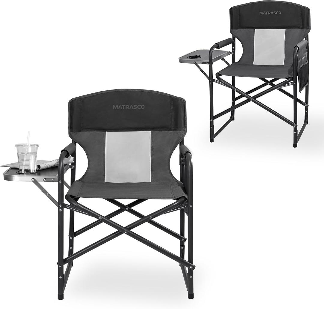 Heavy-Duty Director Camping Chair 2-Pack with Side Table, Black