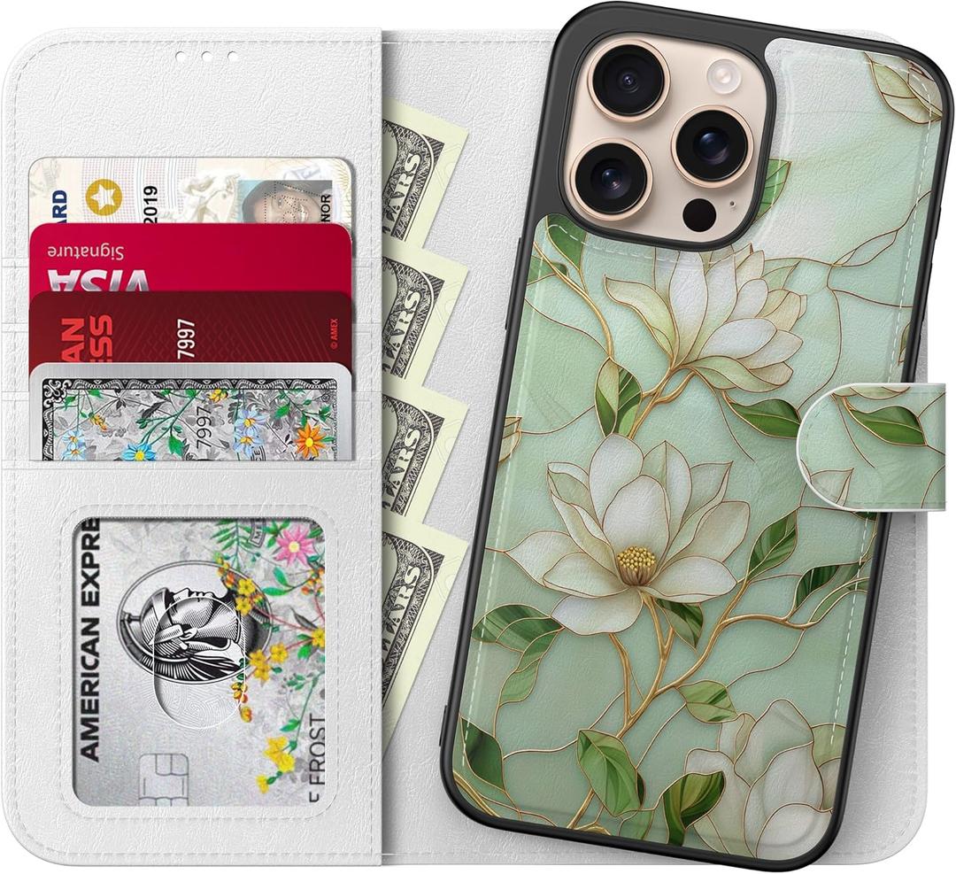 LUHOURI for iPhone 16 Pro Case Wallet - Wireless Charging Compatible Detachable Flip Folio Leather Cover - RFID Blocking 4 Card Slots - Protective Phone Case for Women - Vintage Magnolia Flowers