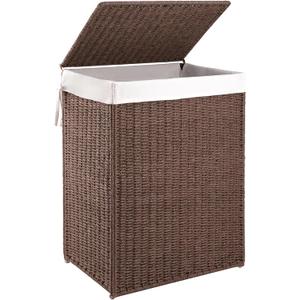 OIAHOMY Laundry Hamper with Lid, 23.8 Gal (90L) Wicker Hamper with Removable Liner Bags, Handwoven Clothes Basket with Handles, Foldable Woven Paper Rope Basket for Laundry Room, Bedroom-Brown