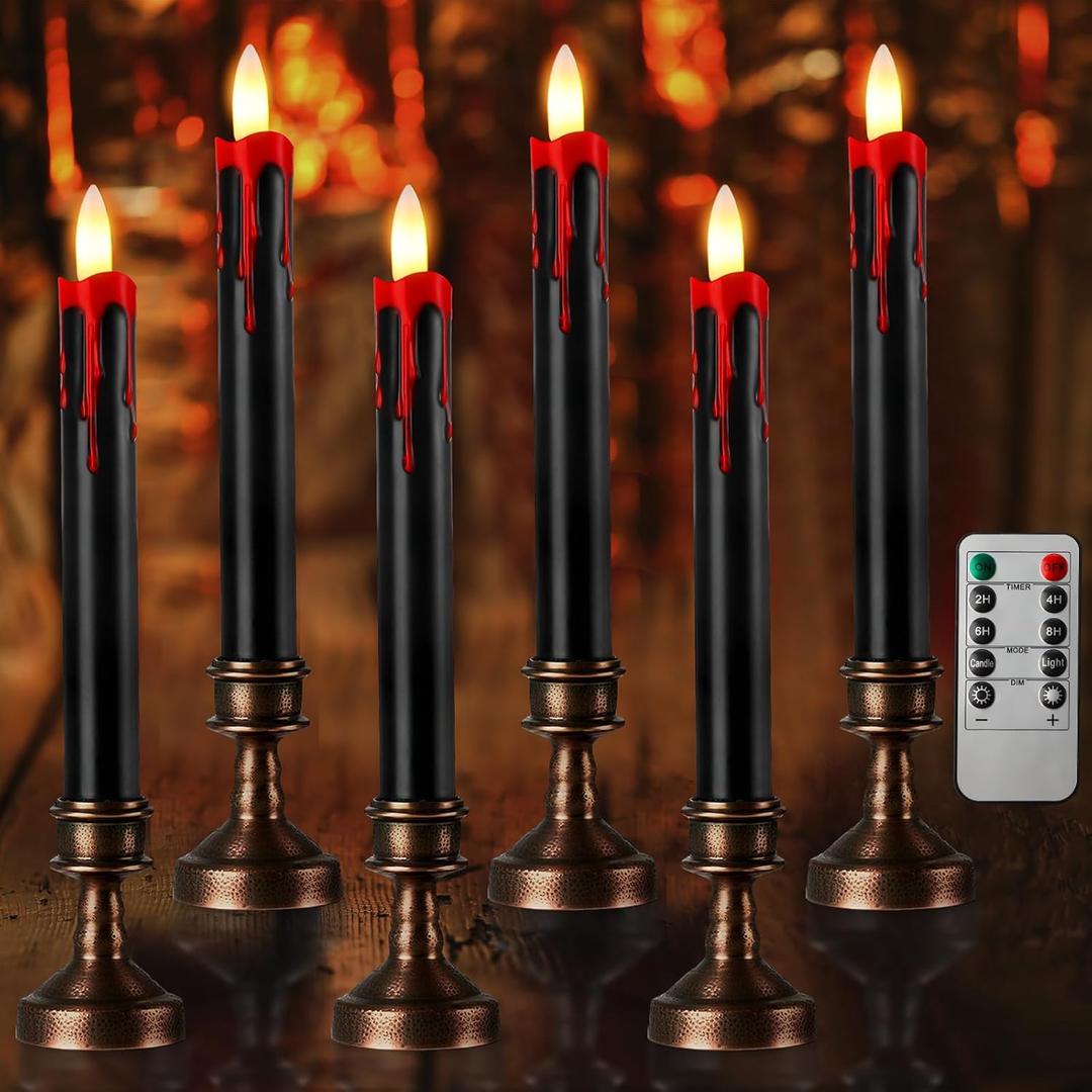 Sratte 6 Sets Halloween Blood Dripping Candle Decoration Led Flameless Candle with Candlestick Holder and Remote Battery Operate Vampire Tears Scary Creepy Decor for Indoor Home (Brown Holder)
