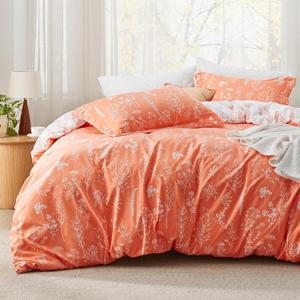Bedsure King Comforter Set - Coral Orange Bed Set, 3 Pieces Cute Floral Bedding, 1 Soft Reversible Botanical Flowers Comforter and 2 Pillow Shams (19 - Coral Orange)